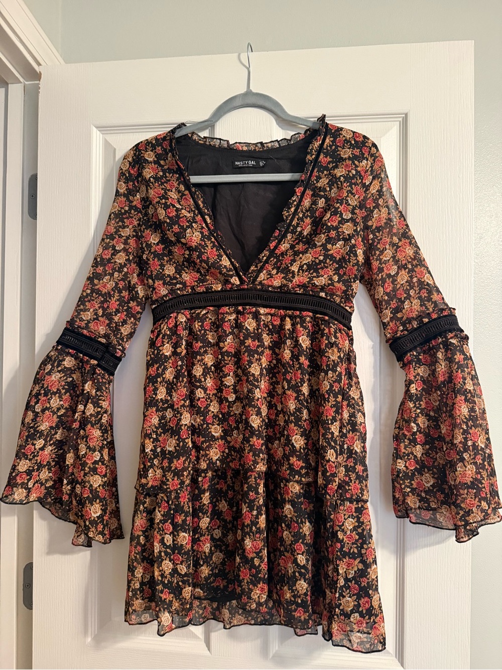 Nasty Gal Black Floral V-Neck Bell Sleeve Mini Dress